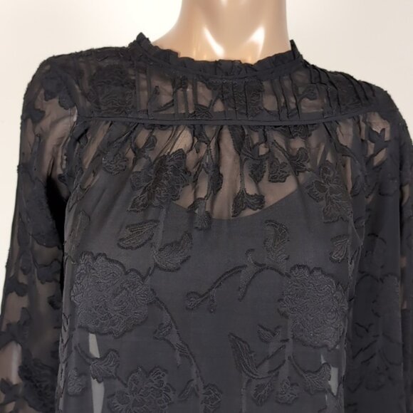 A.B.S Allen Schwartz Lace Shift Dress Long Sleeve Sheer Pleated Floral Cocktail - Picture 2 of 16